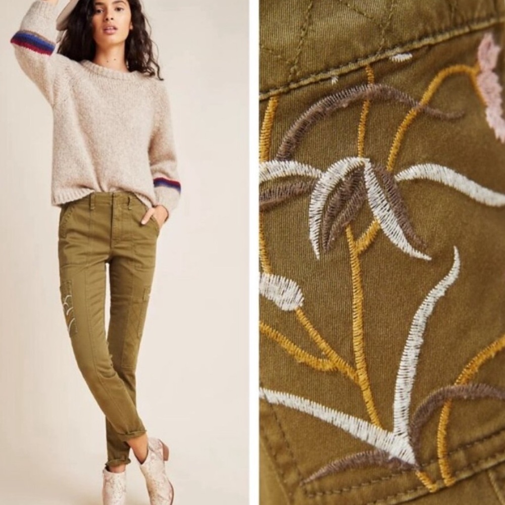 Anthropologie Olive Green Embroidered Utility Pants